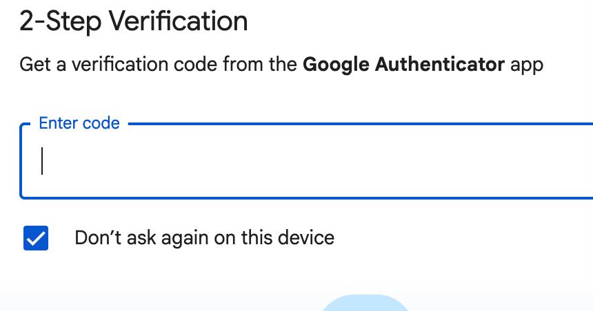 图2:在Google两步验证的Enter code输入框中填写身份验证器验证码